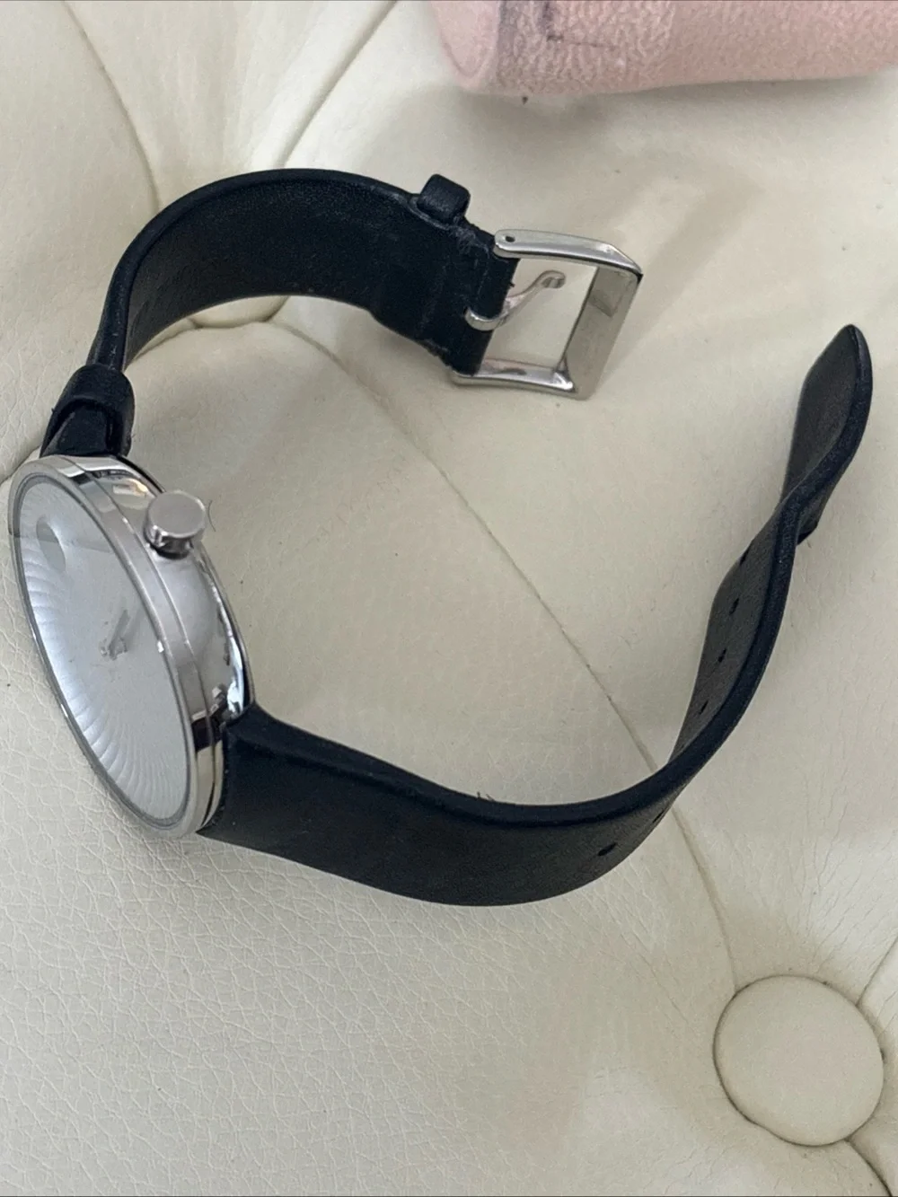 Movado Silver-Tone Case White Sunburst Dial Watch with Black Leather Strap